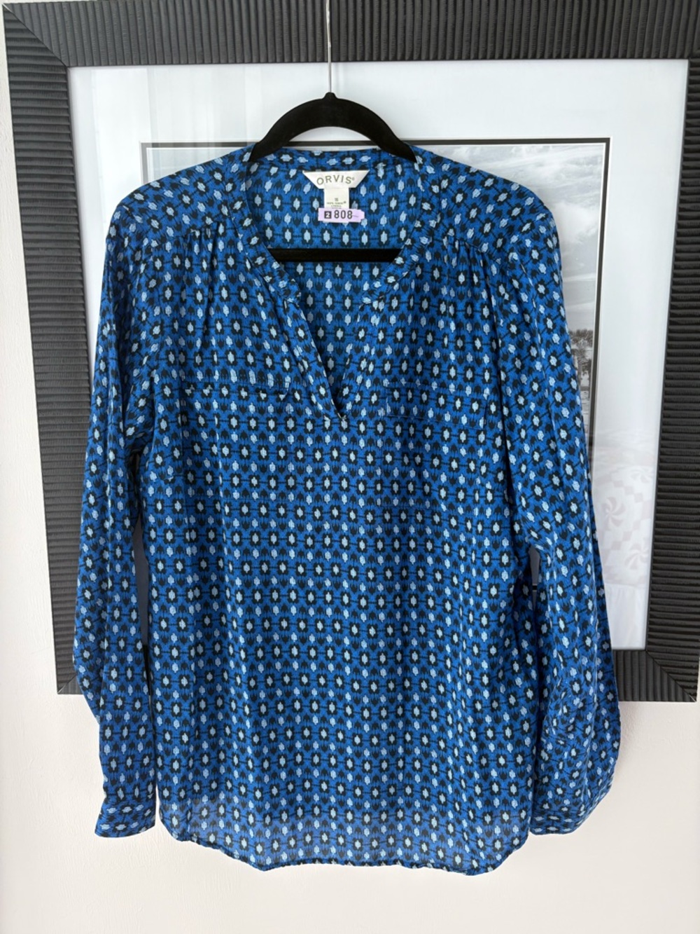 Orvis Blue Printed Lyocell Blouse Size 16 Boho Lightweight Top